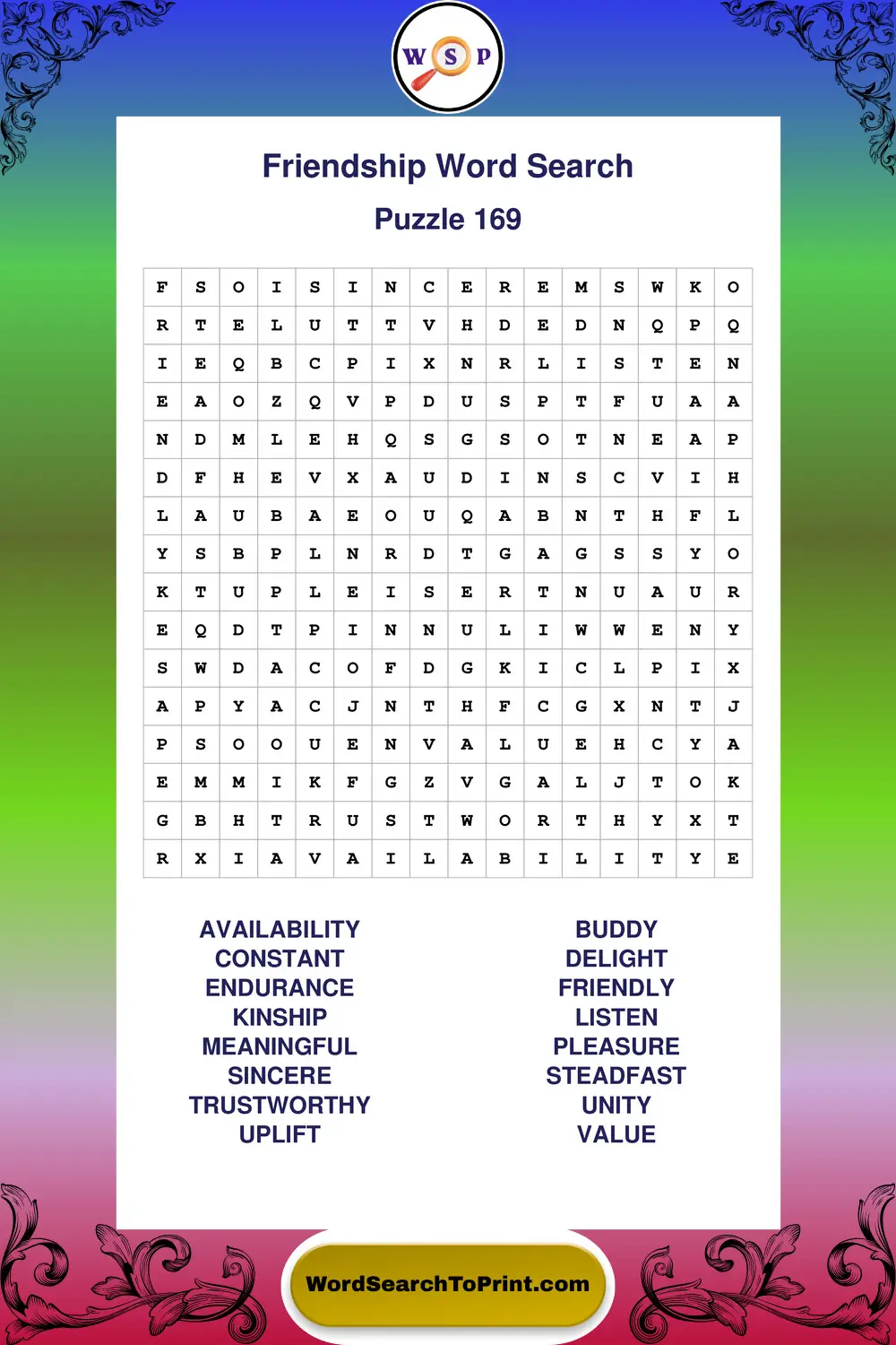 Friendship Word Search Puzzle 169
