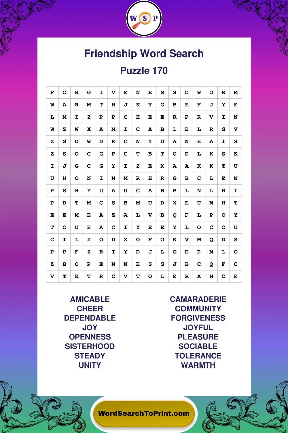 Friendship Word Search Puzzle 170
