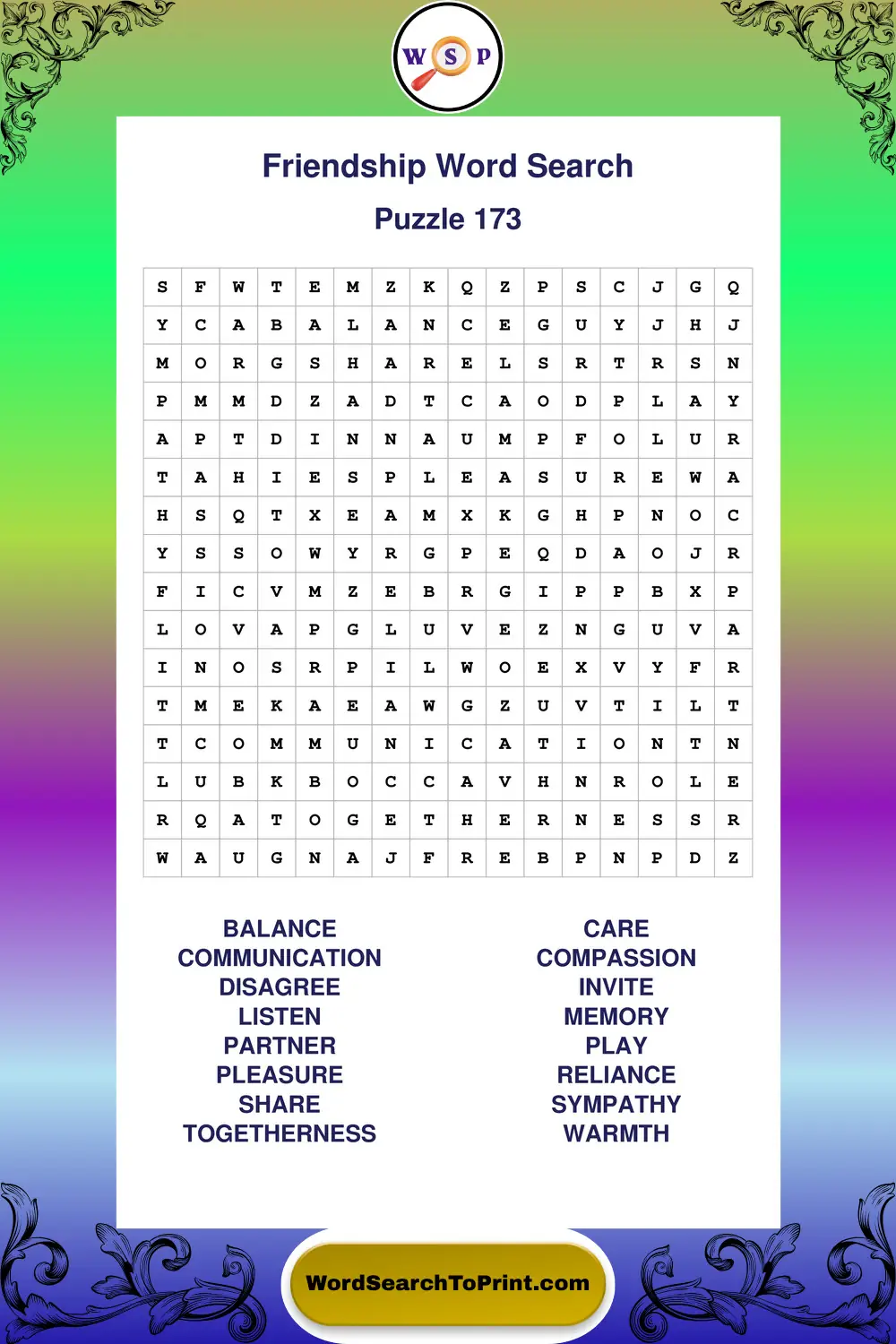 Friendship Word Search Puzzle 173