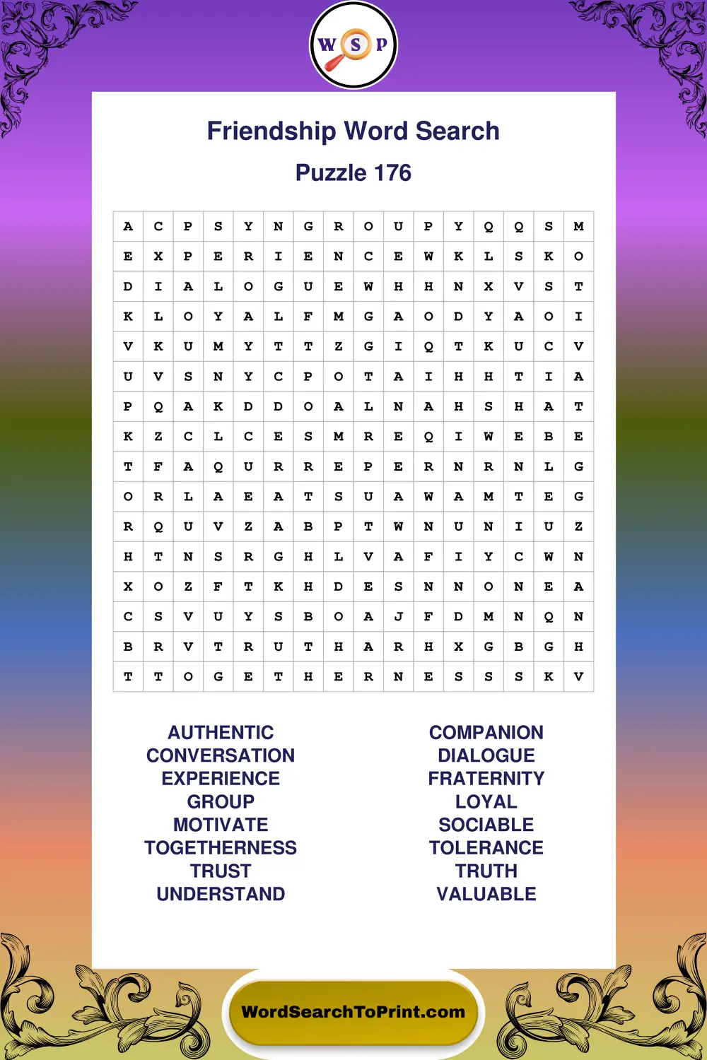 Friendship Word Search Puzzle 176
