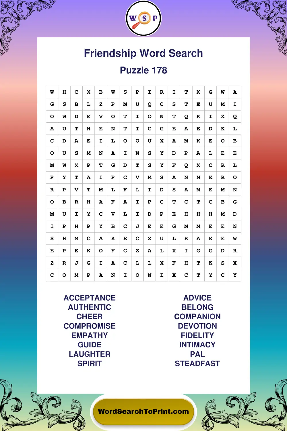Friendship Word Search Puzzle 178