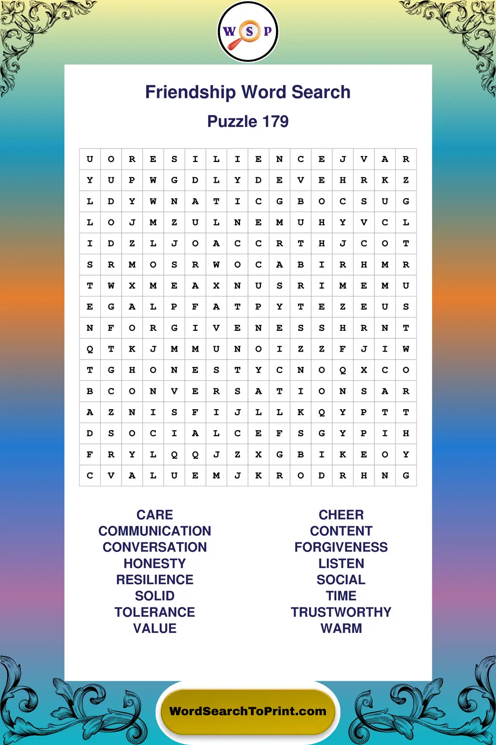 Friendship Word Search Puzzle 179