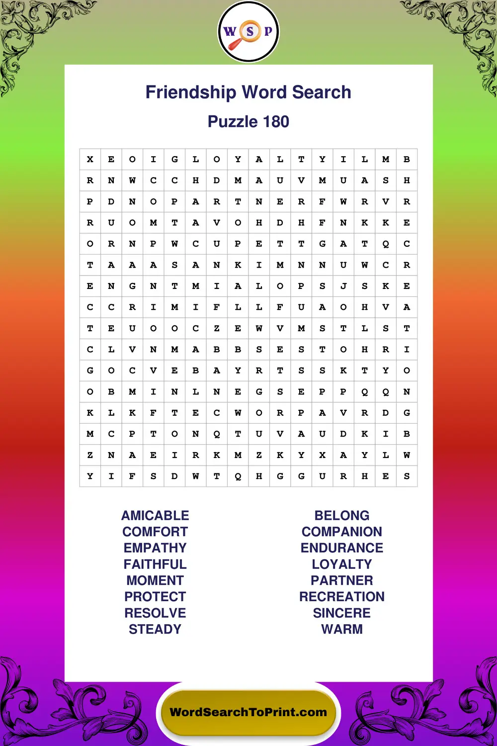 Friendship Word Search Puzzle 180