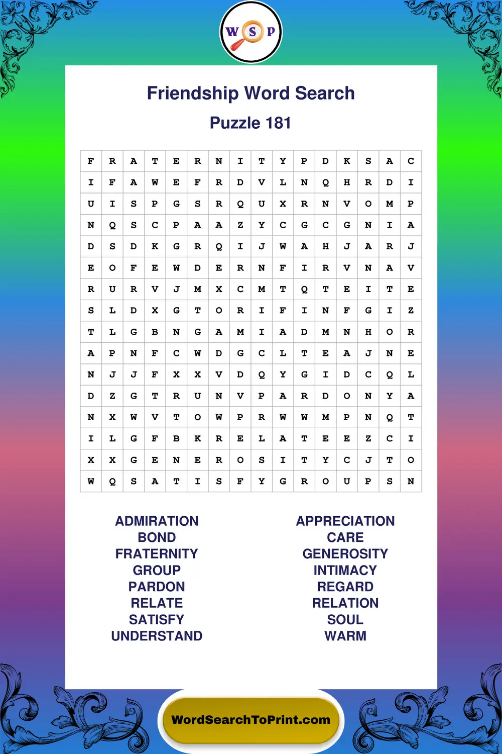 Friendship Word Search Puzzle 181