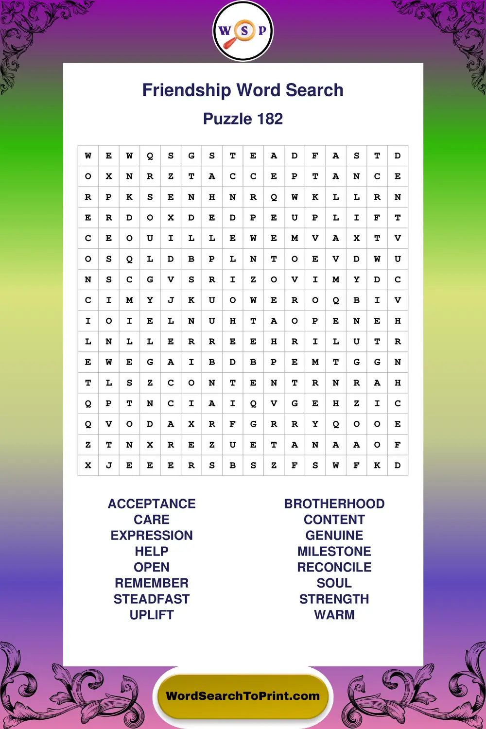Friendship Word Search Puzzle 182