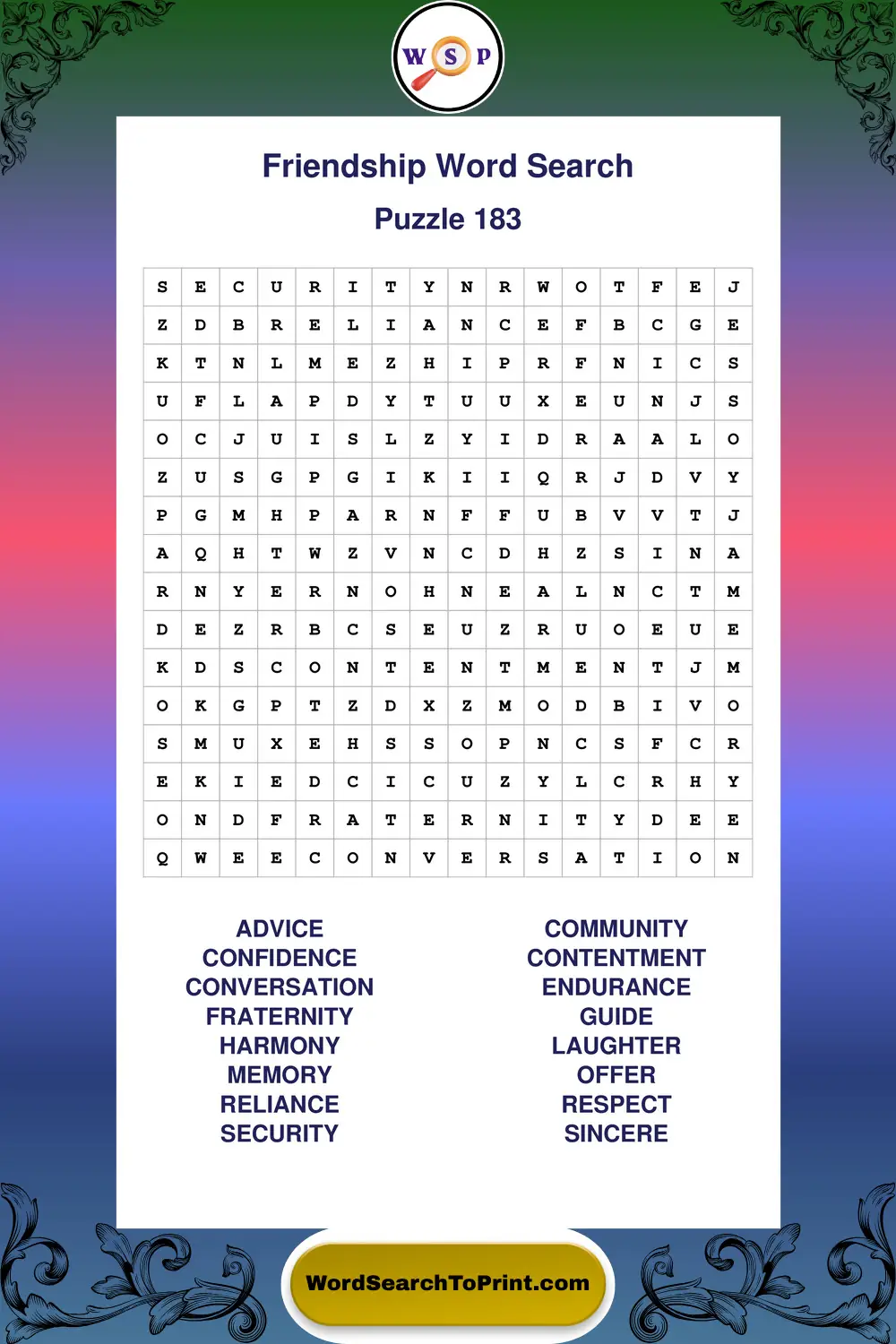 Friendship Word Search Puzzle 183