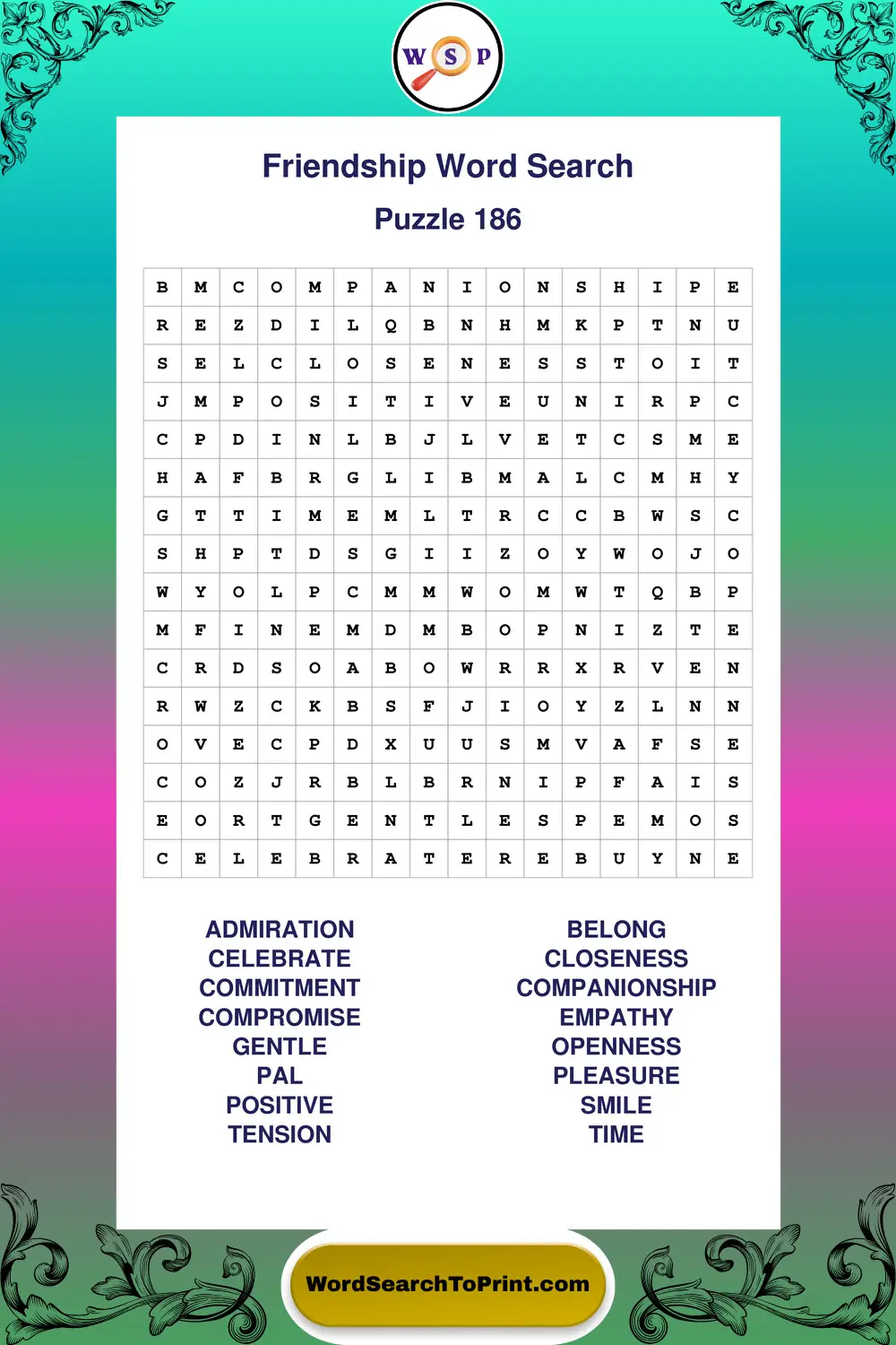 Friendship Word Search Puzzle 186