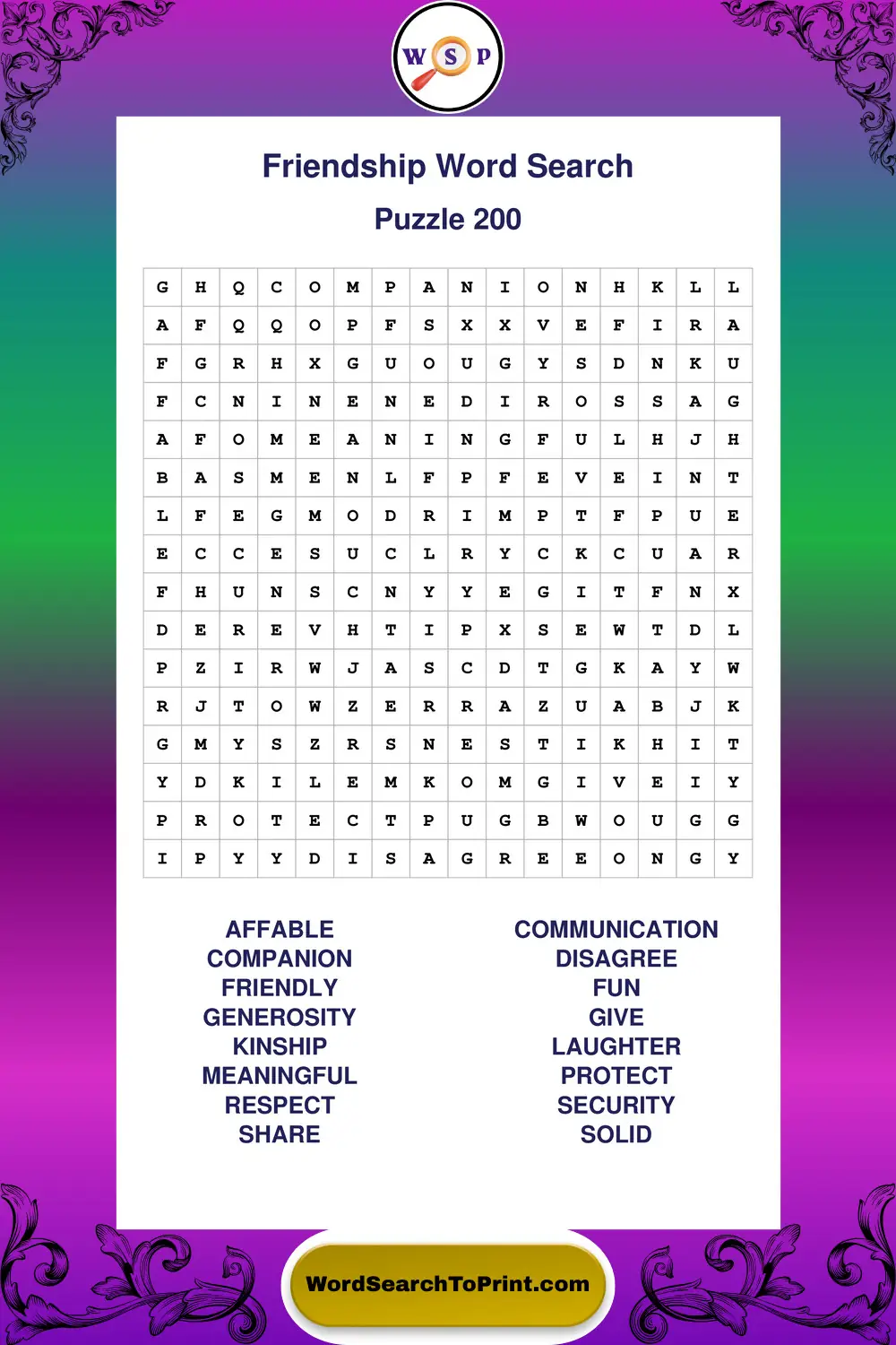 Friendship Word Search Puzzle 200