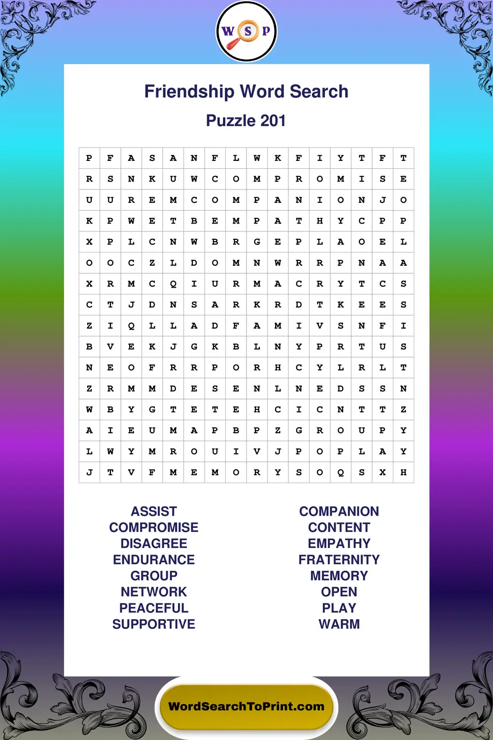 Friendship Word Search Puzzle 201