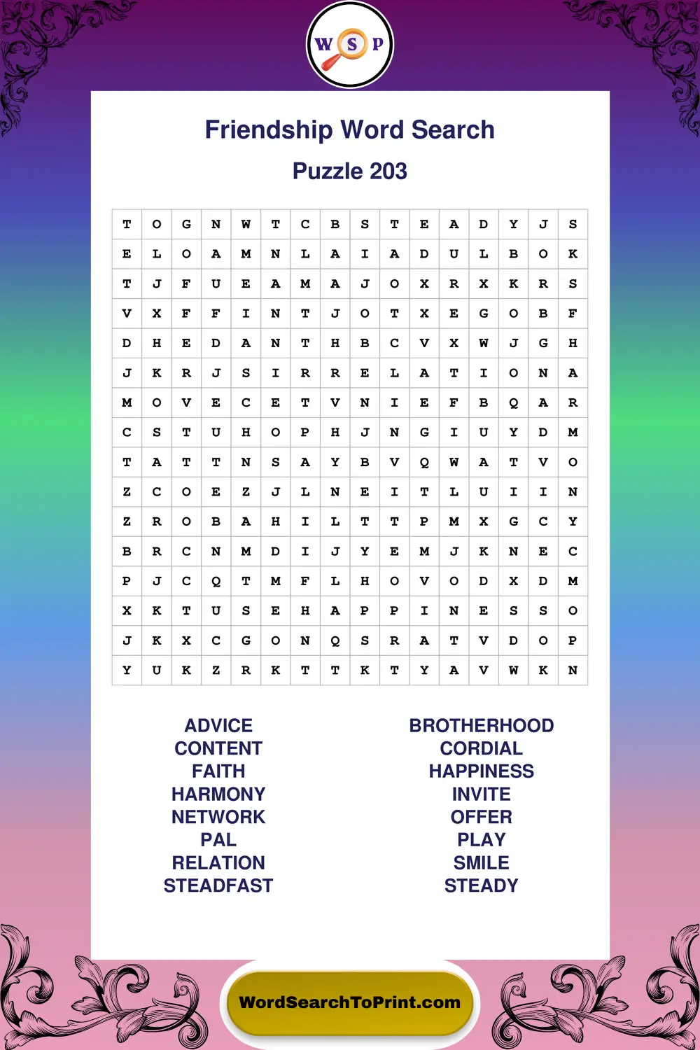 Friendship Word Search Puzzle 203
