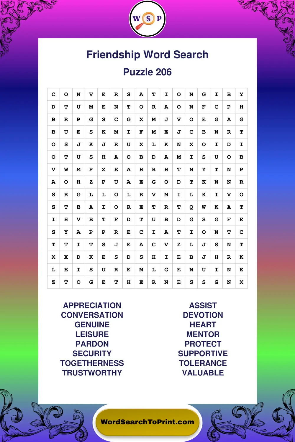Friendship Word Search Puzzle 206