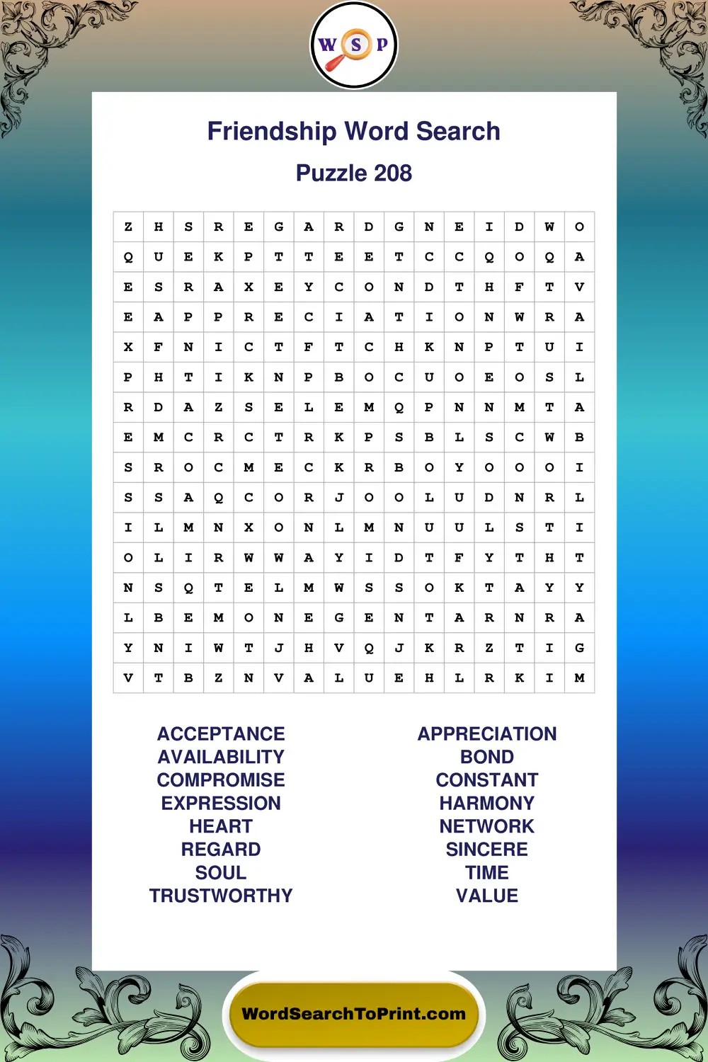 Friendship Word Search Puzzle 208