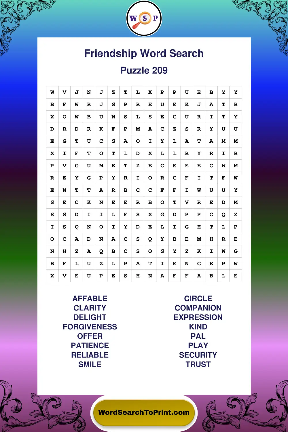 Friendship Word Search Puzzle 209