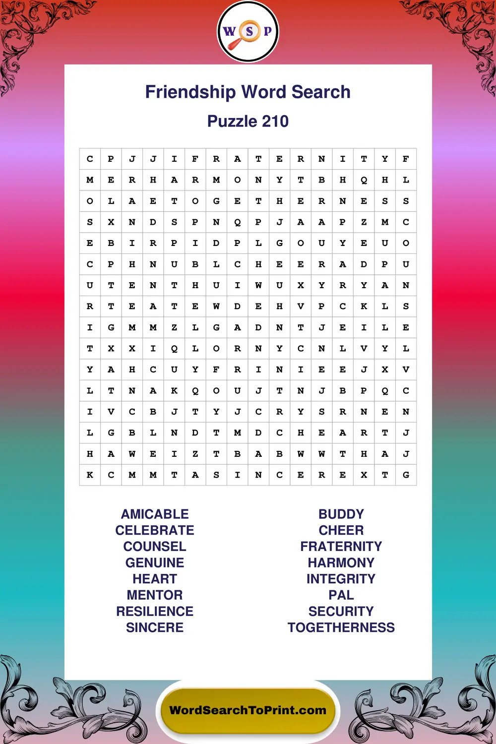 Friendship Word Search Puzzle 210