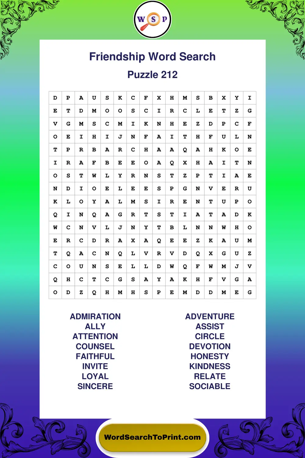 Friendship Word Search Puzzle 212