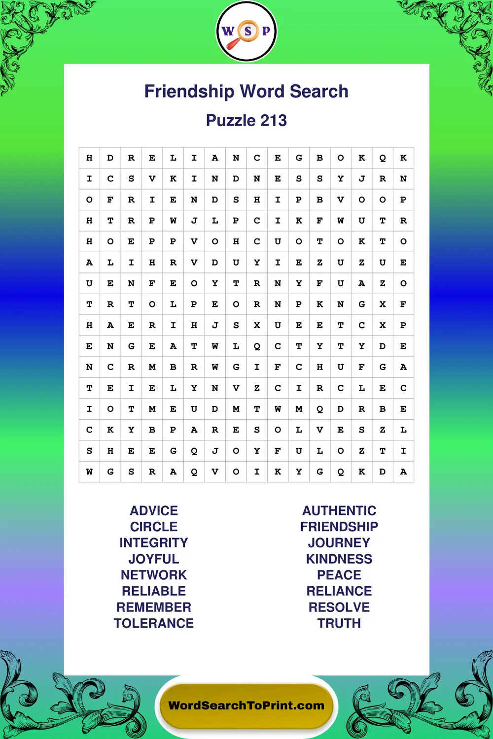 Friendship Word Search Puzzle 213
