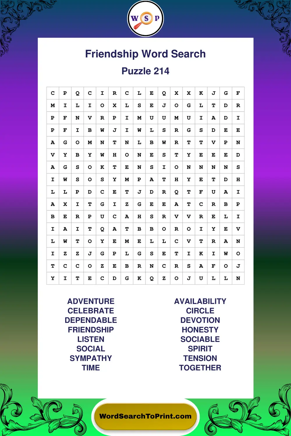 Friendship Word Search Puzzle 214