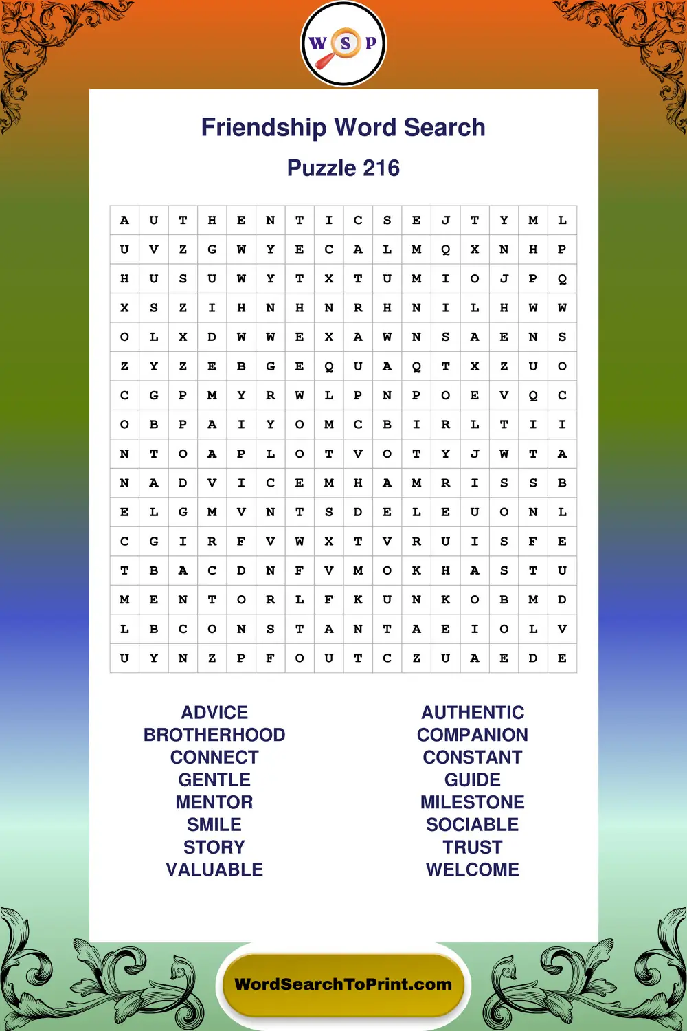 Friendship Word Search Puzzle 216