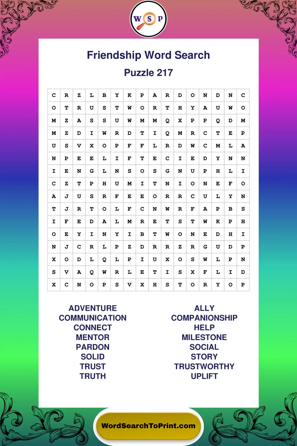Friendship Word Search Puzzle 217