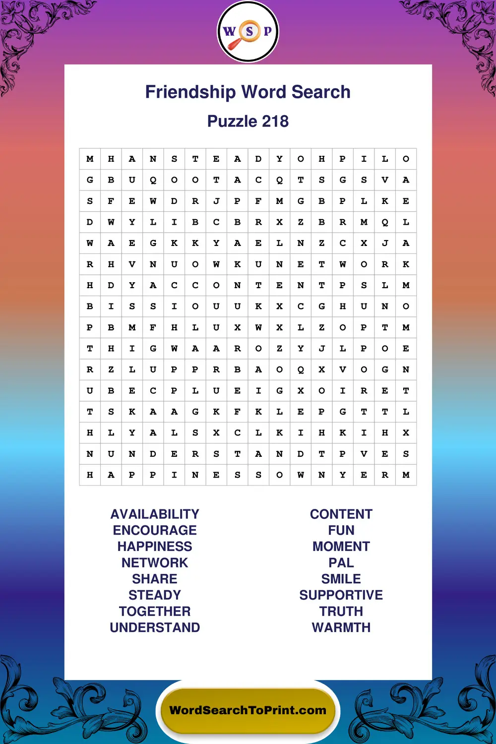 Friendship Word Search Puzzle 218