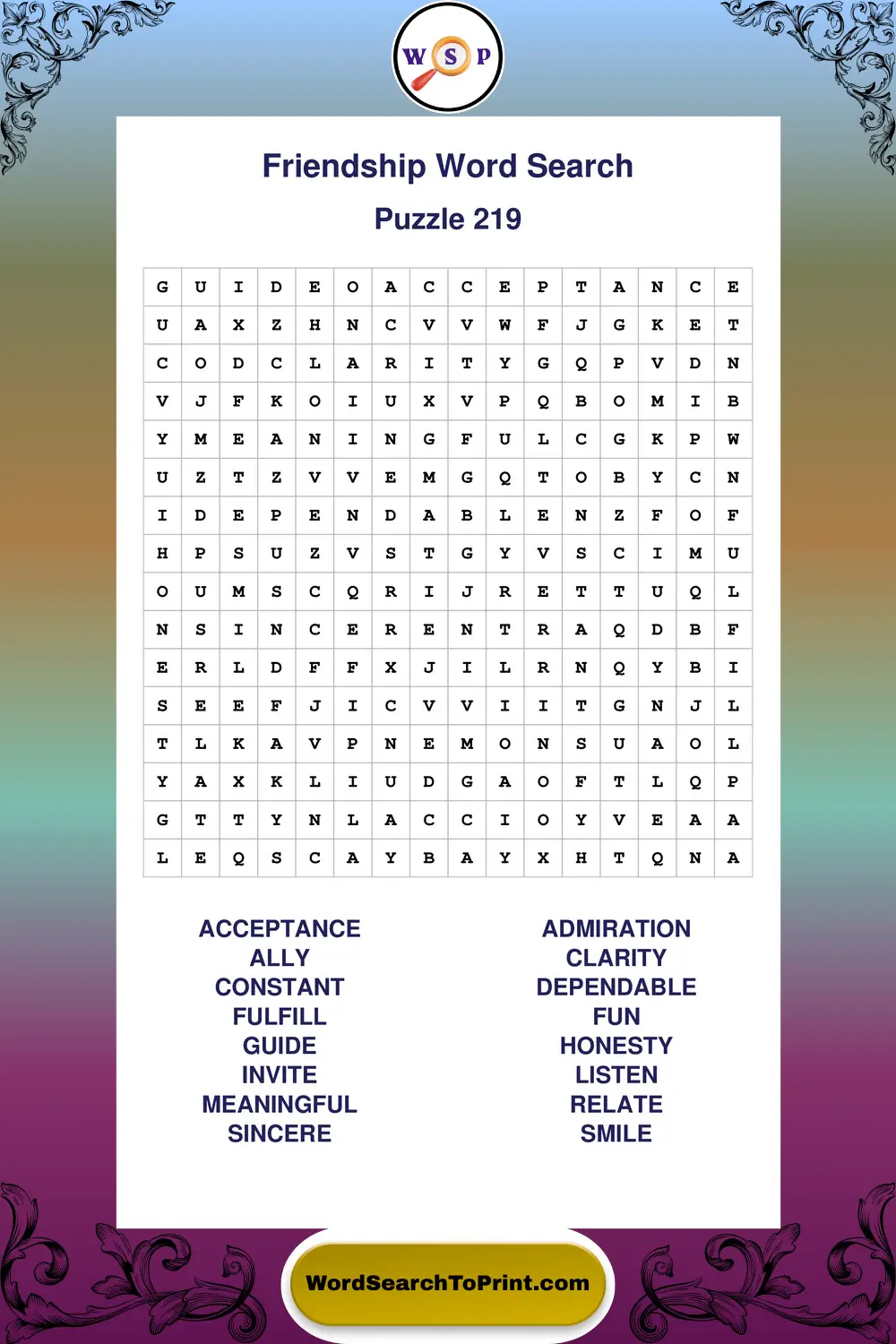 Friendship Word Search Puzzle 219