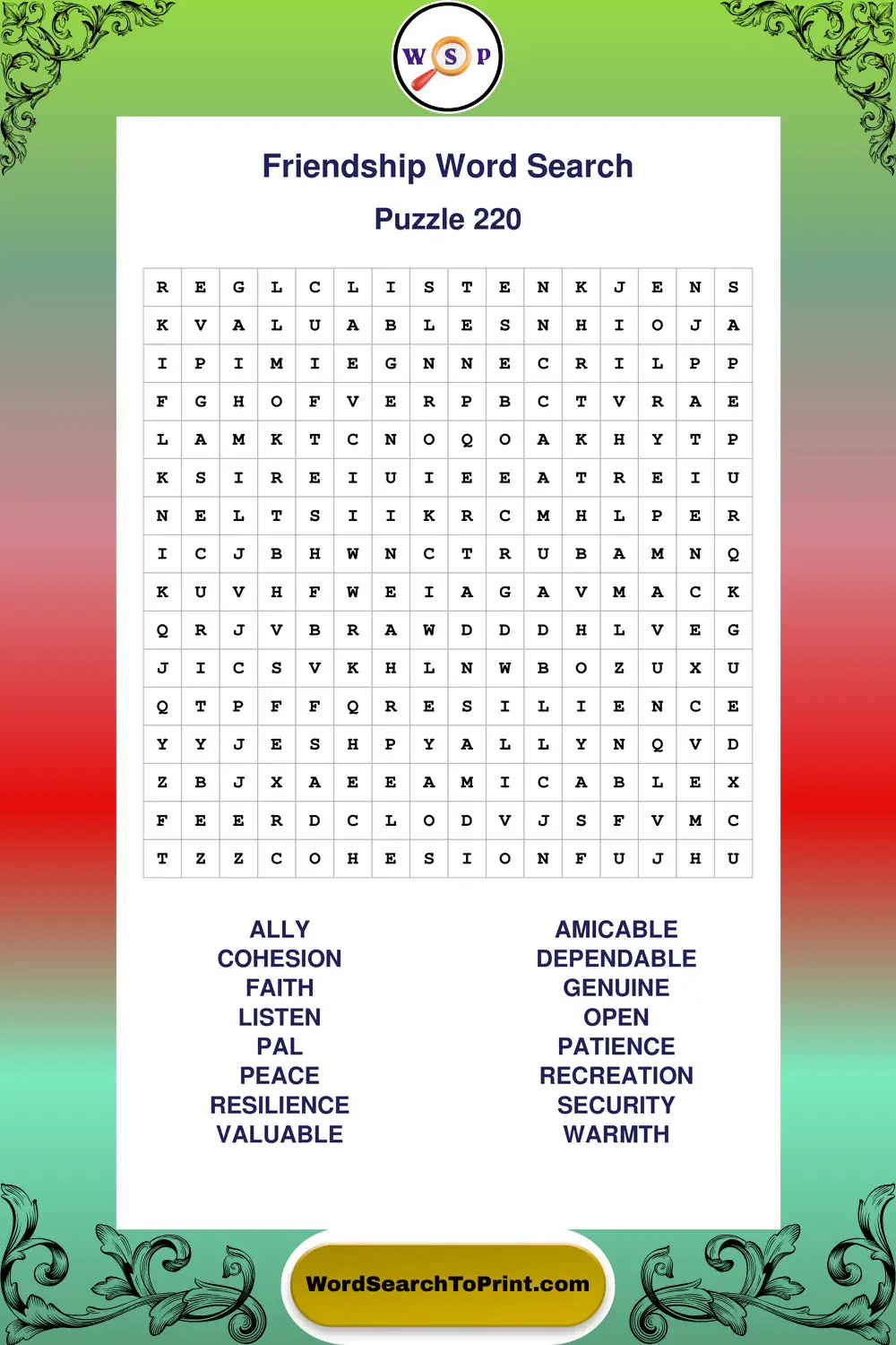 Friendship Word Search Puzzle 220