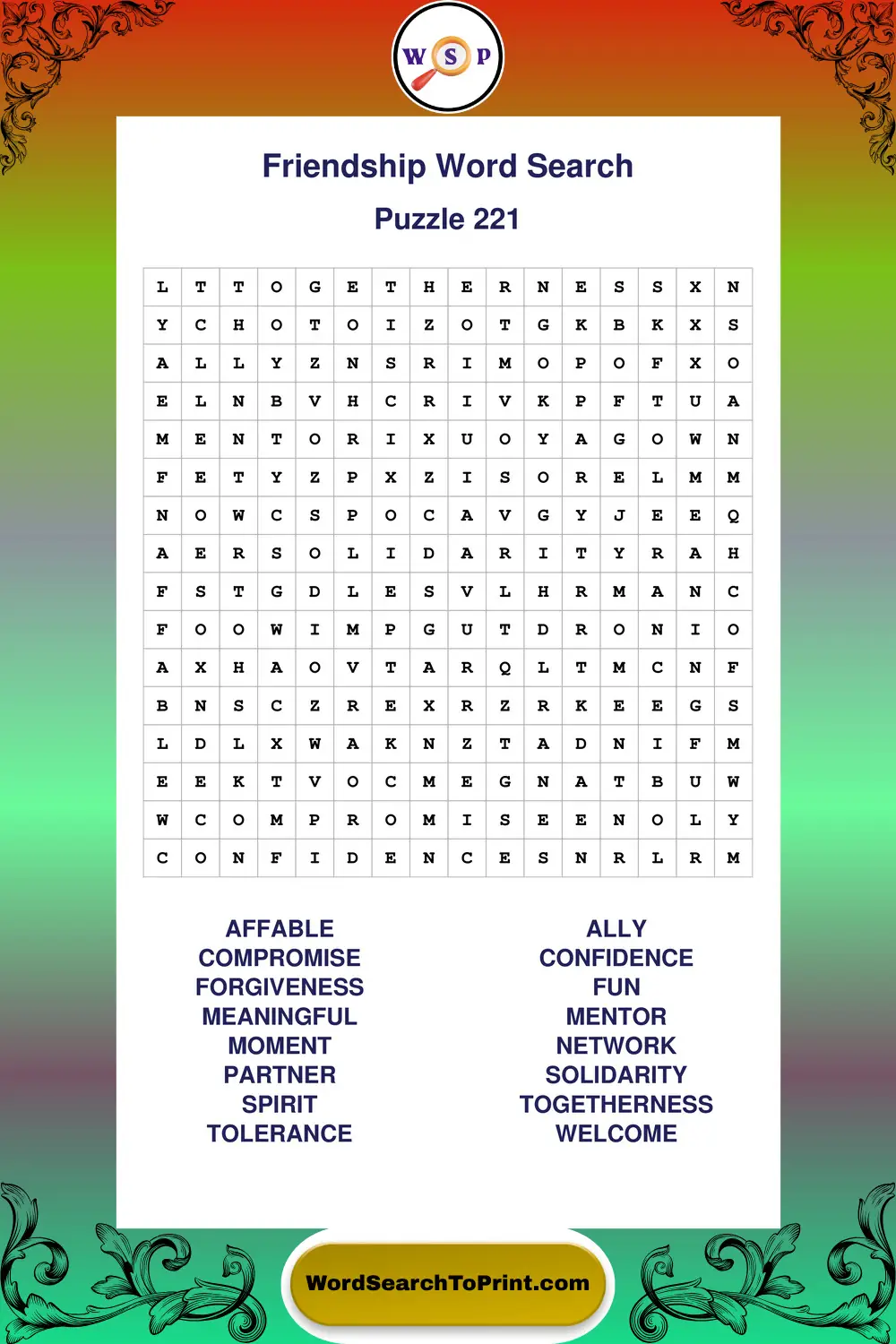 Friendship Word Search Puzzle 221