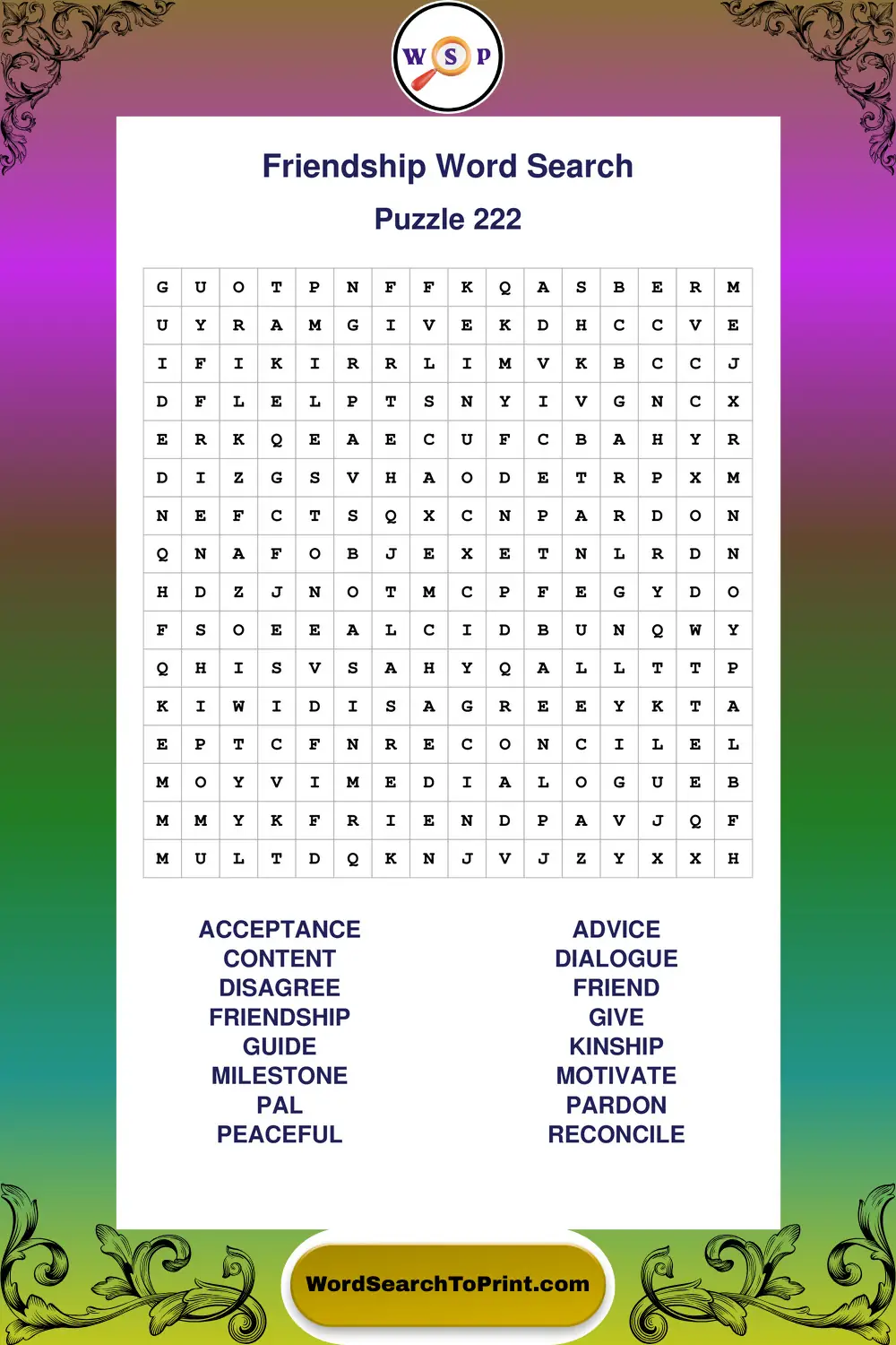 Friendship Word Search Puzzle 222