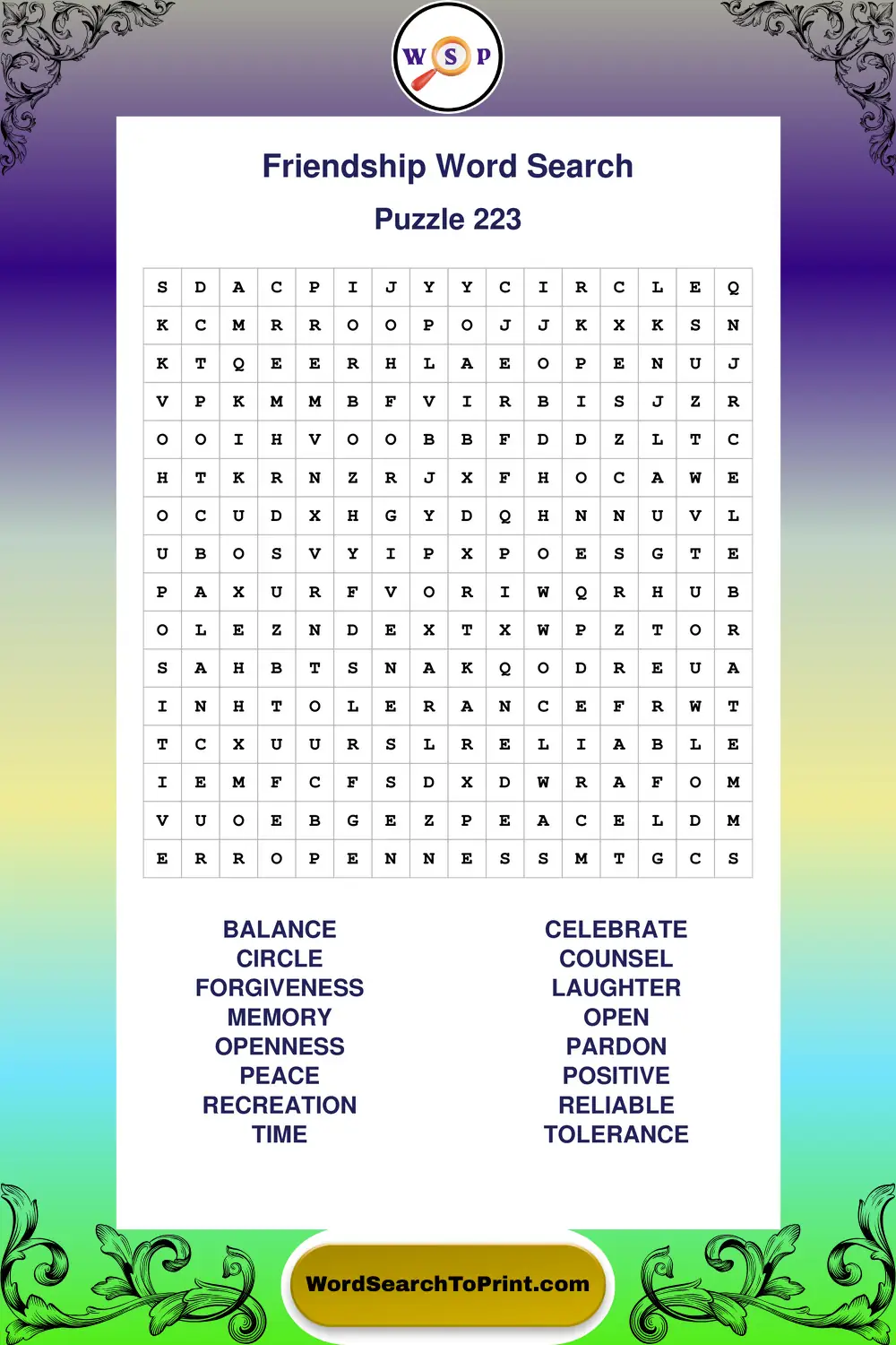 Friendship Word Search Puzzle 223