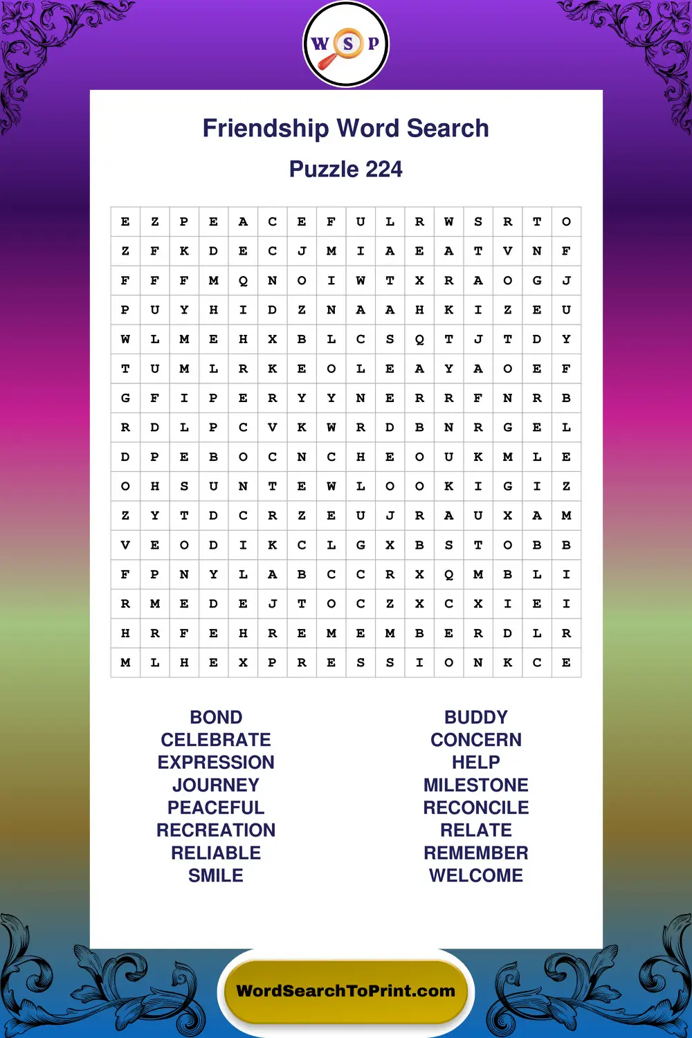 Friendship Word Search Puzzle 224