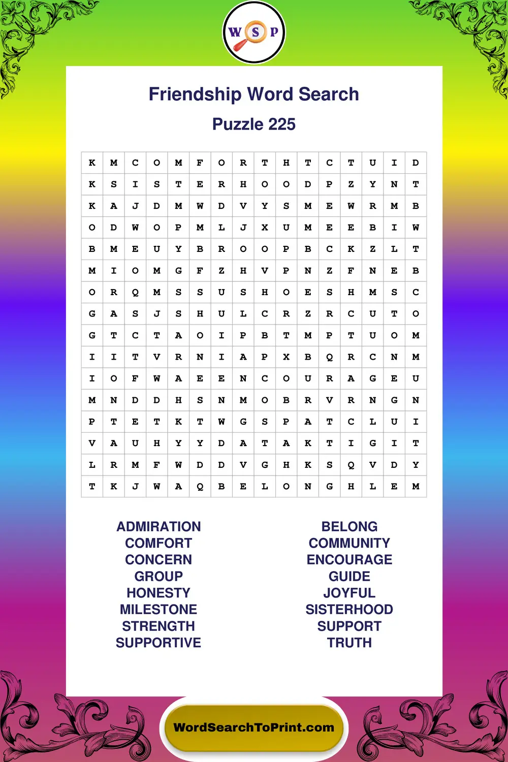Friendship Word Search Puzzle 225