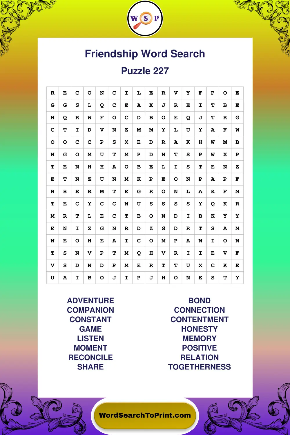 Friendship Word Search Puzzle 227