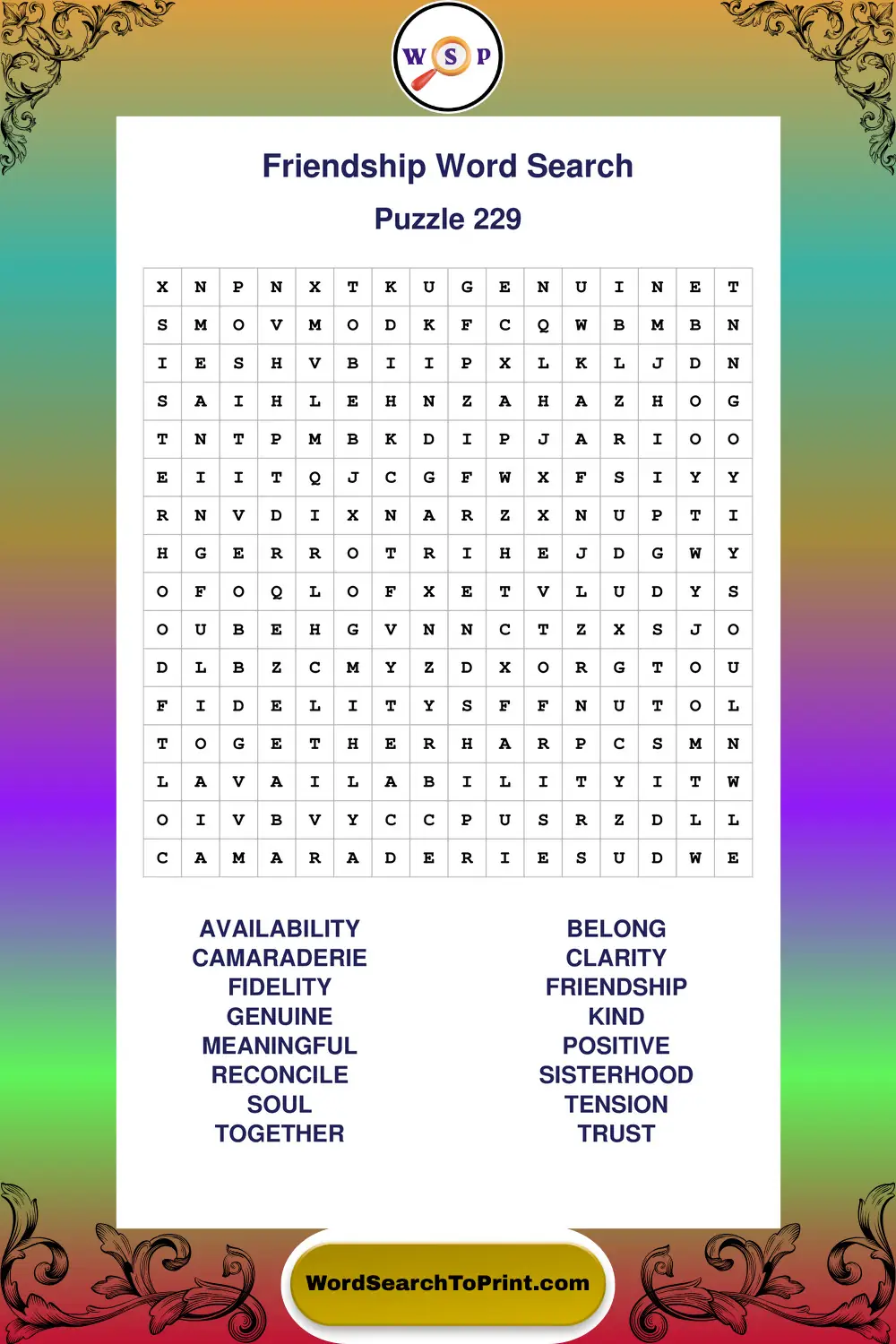 Friendship Word Search Puzzle 229