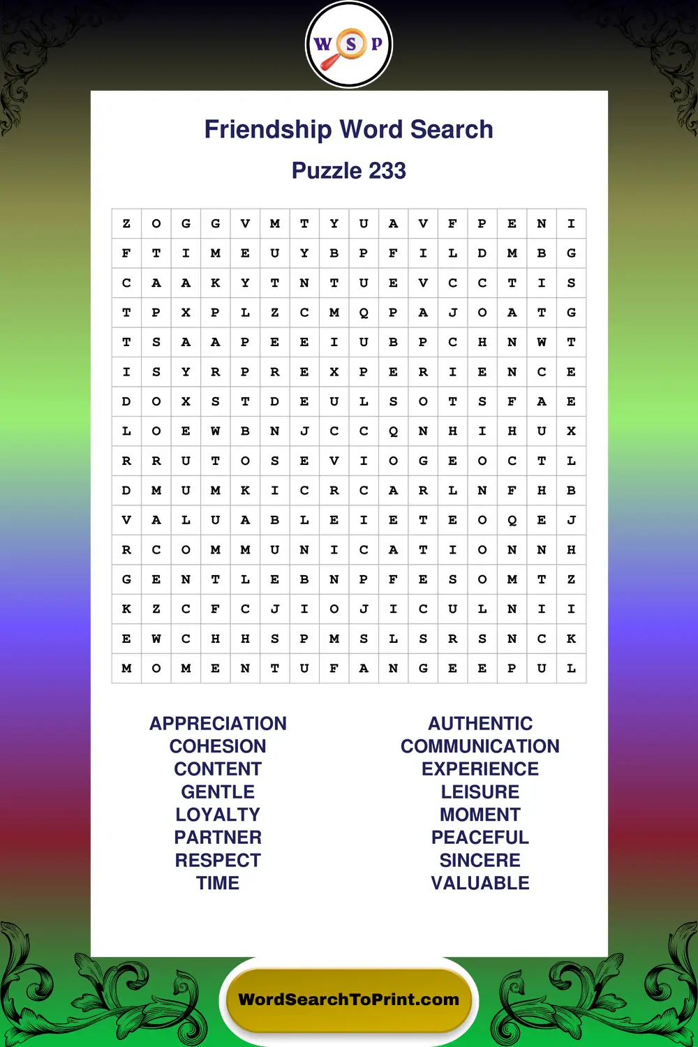 Friendship Word Search Puzzle 233