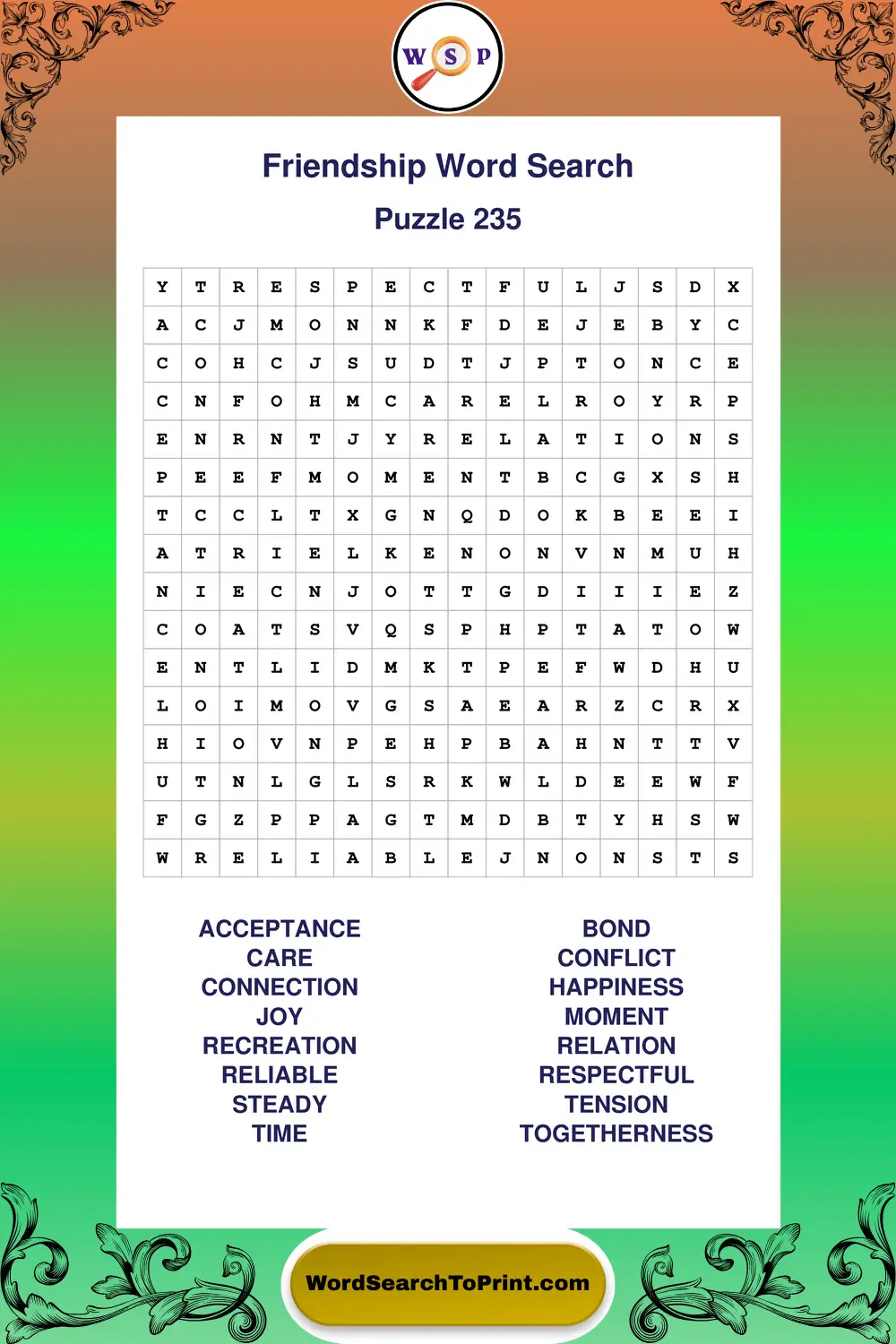 Friendship Word Search Puzzle 235