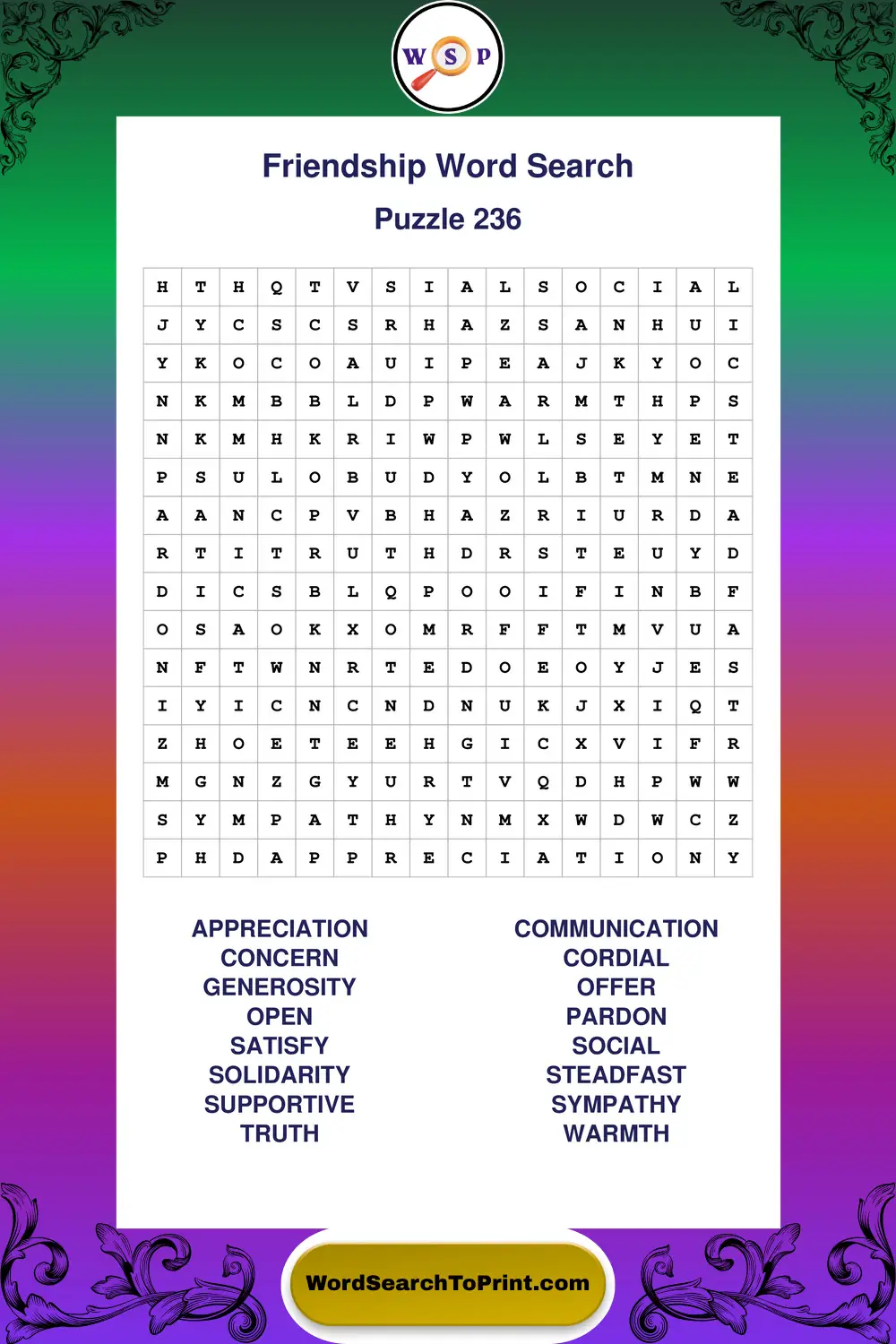 Friendship Word Search Puzzle 236