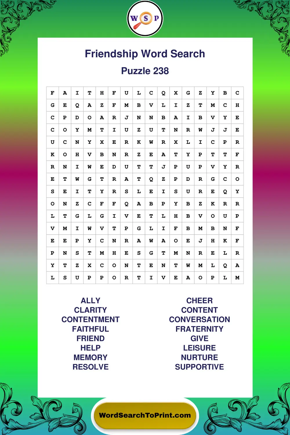 Friendship Word Search Puzzle 238
