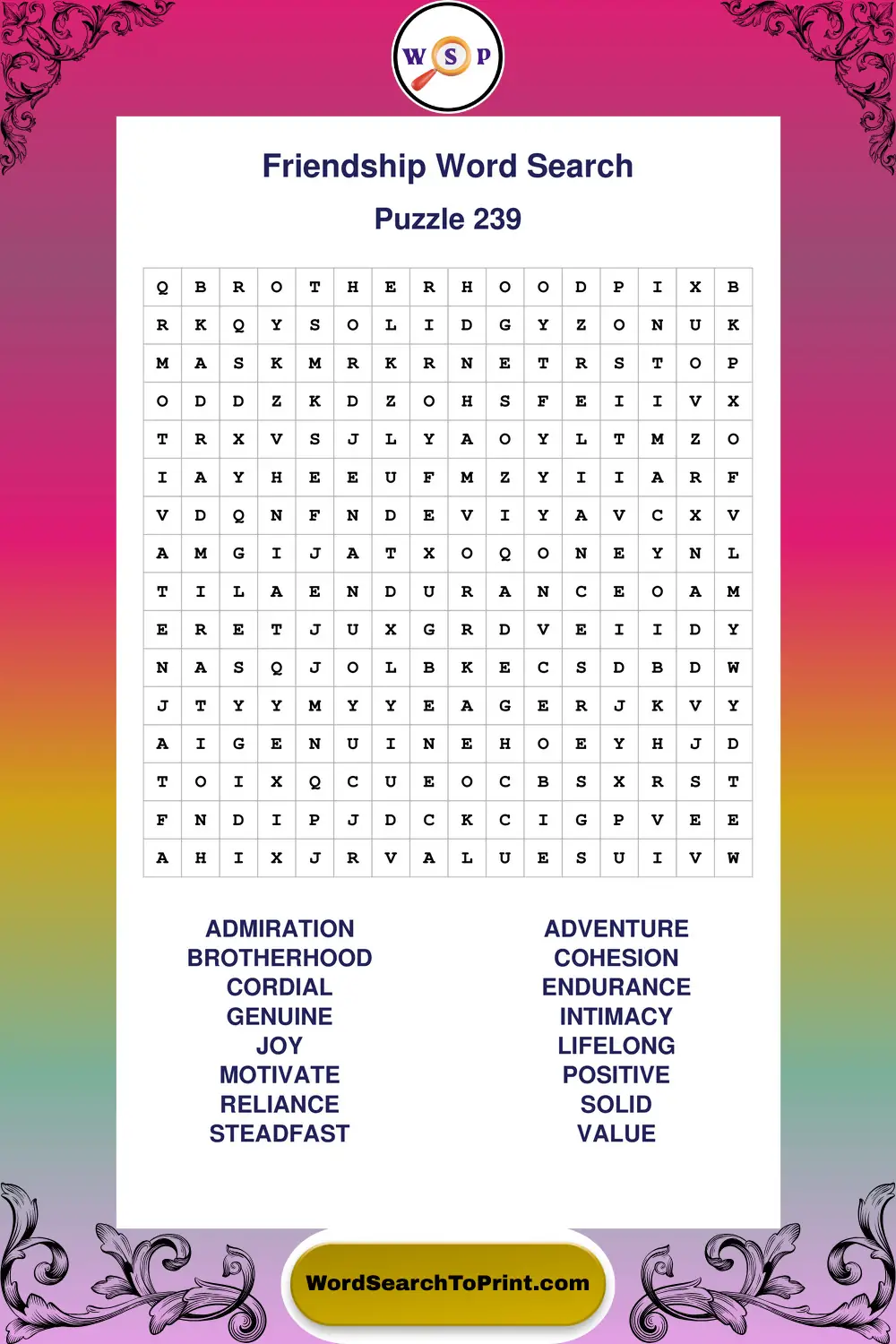 Friendship Word Search Puzzle 239