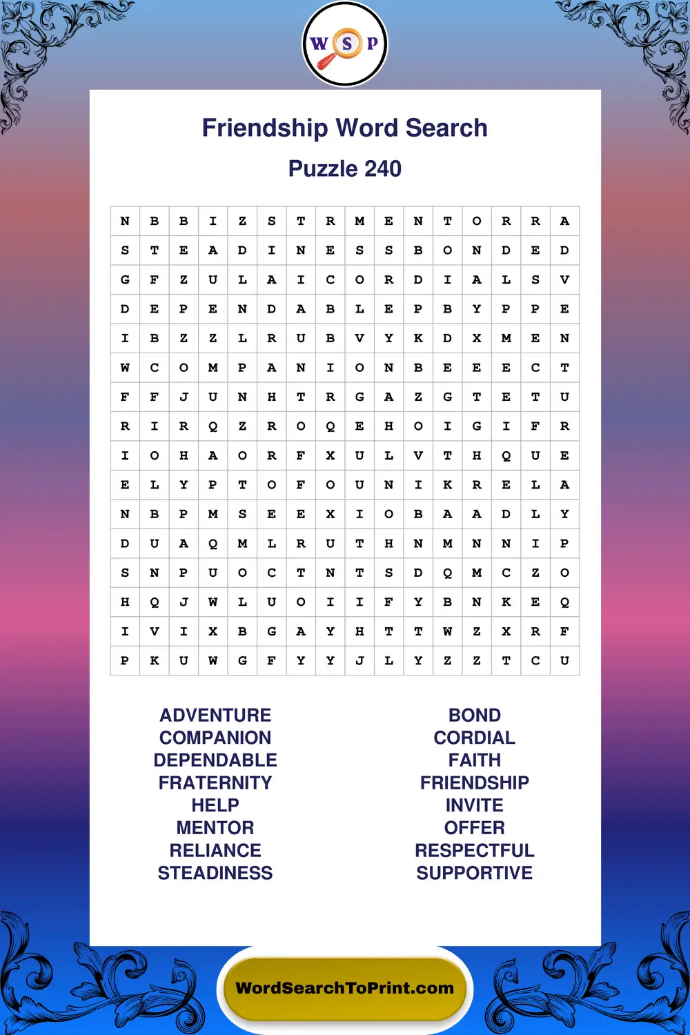 Friendship Word Search Puzzle 240