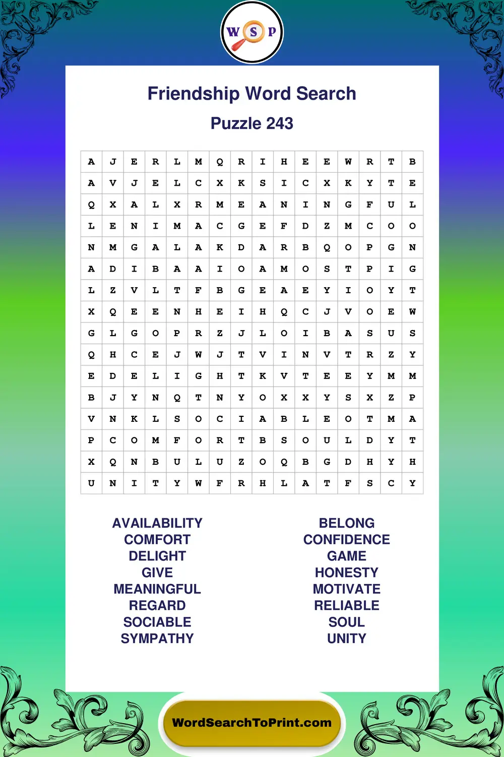 Friendship Word Search Puzzle 243