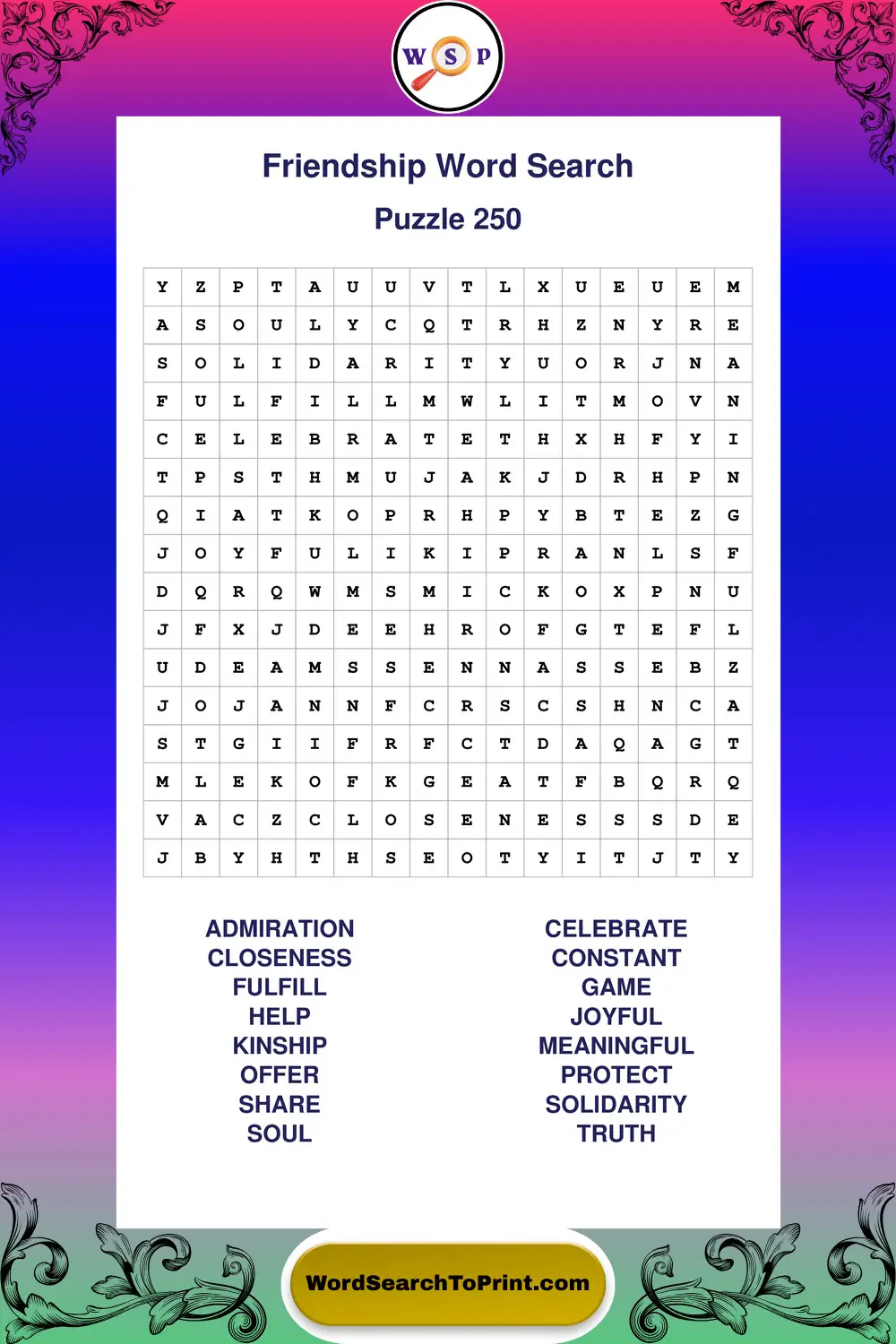 Friendship Word Search Puzzle 250