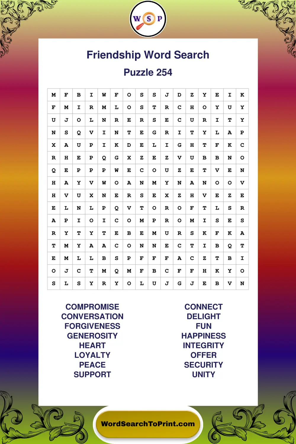 Friendship Word Search Puzzle 254