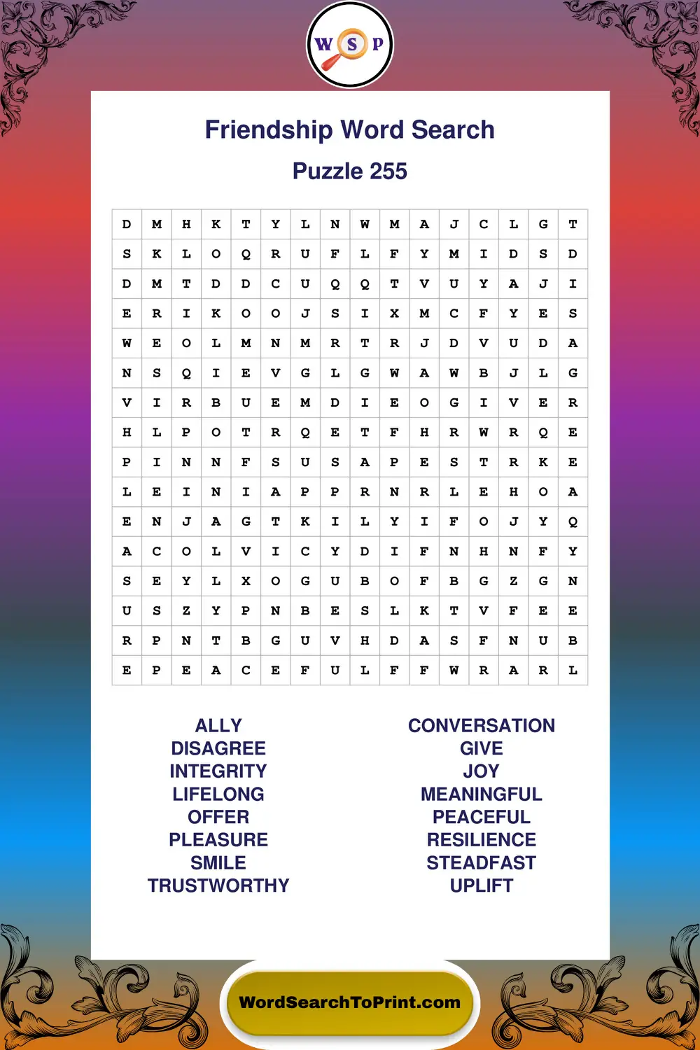 Friendship Word Search Puzzle 255