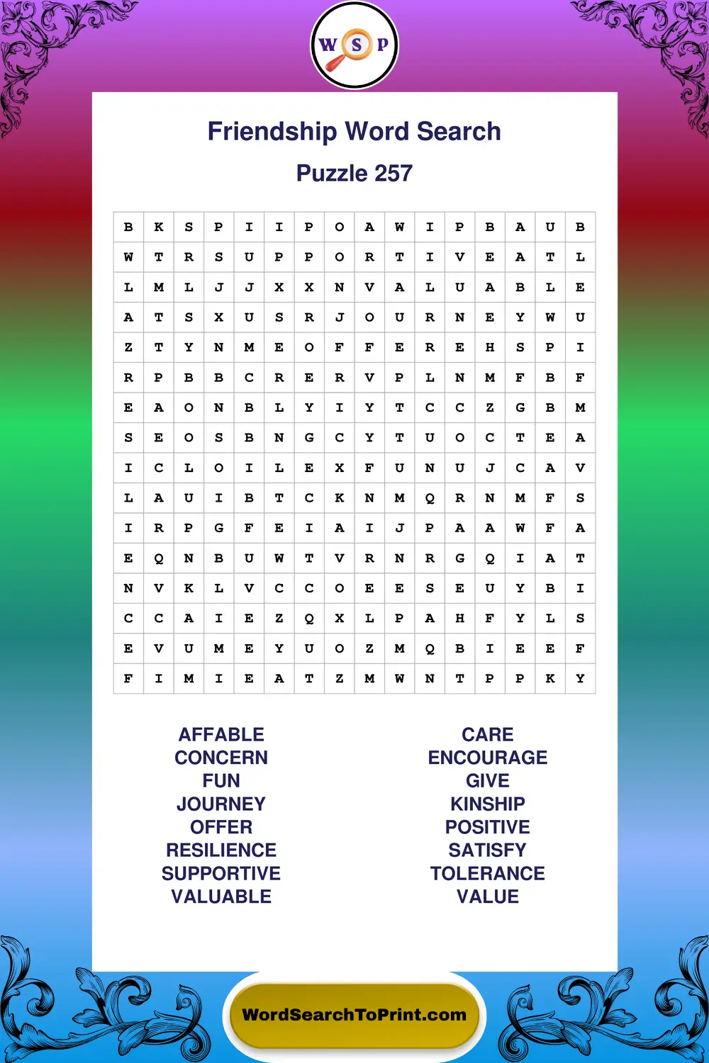 Friendship Word Search Puzzle 257