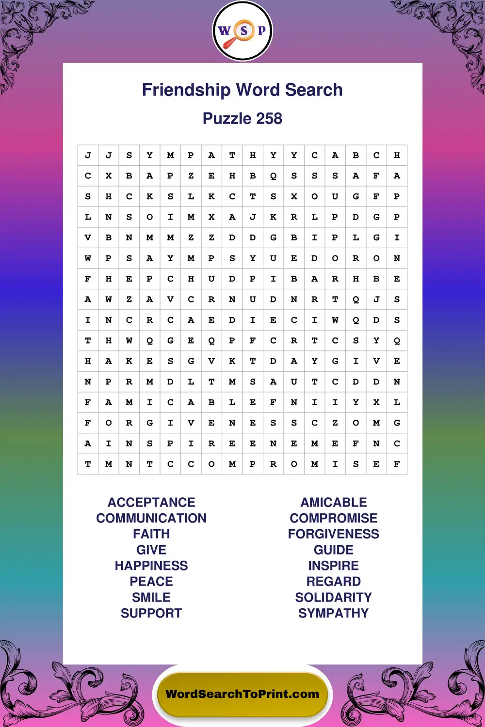 Friendship Word Search Puzzle 258