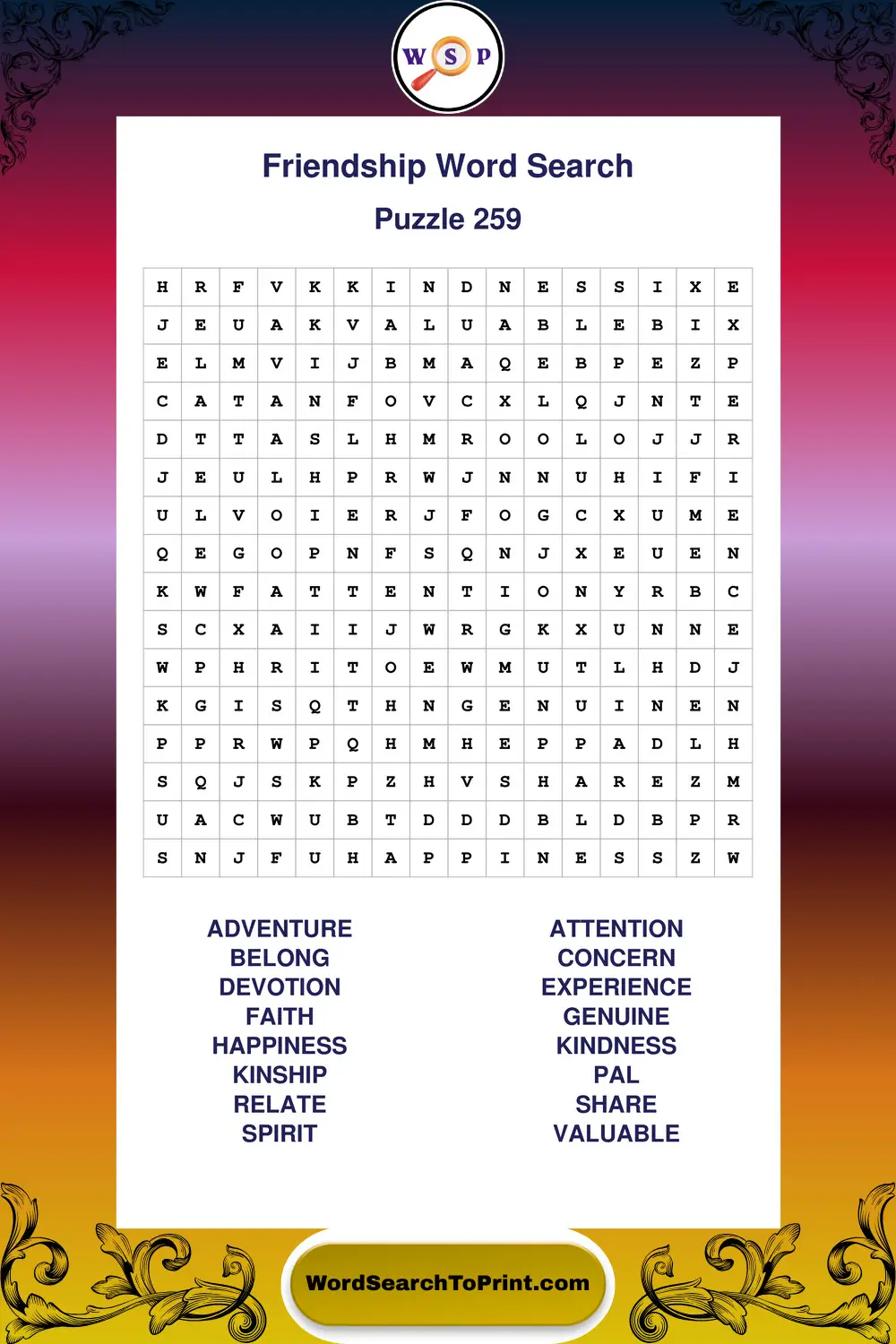 Friendship Word Search Puzzle 259