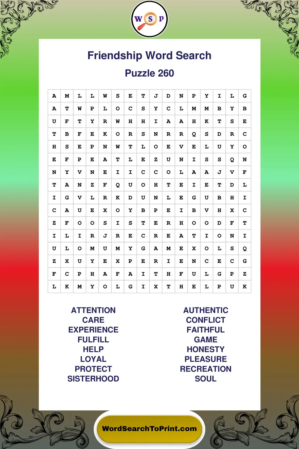 Friendship Word Search Puzzle 260