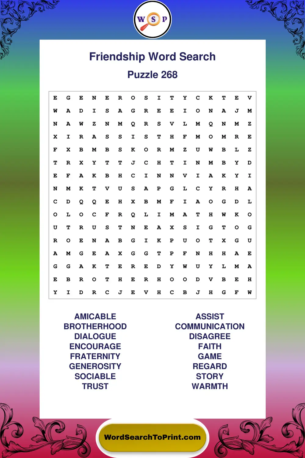 Friendship Word Search Puzzle 268
