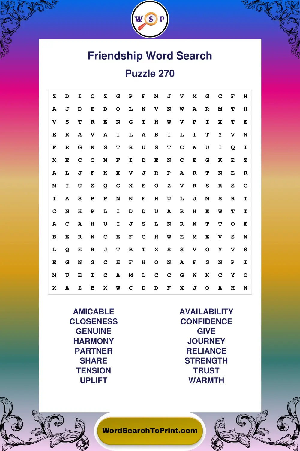 Friendship Word Search Puzzle 270