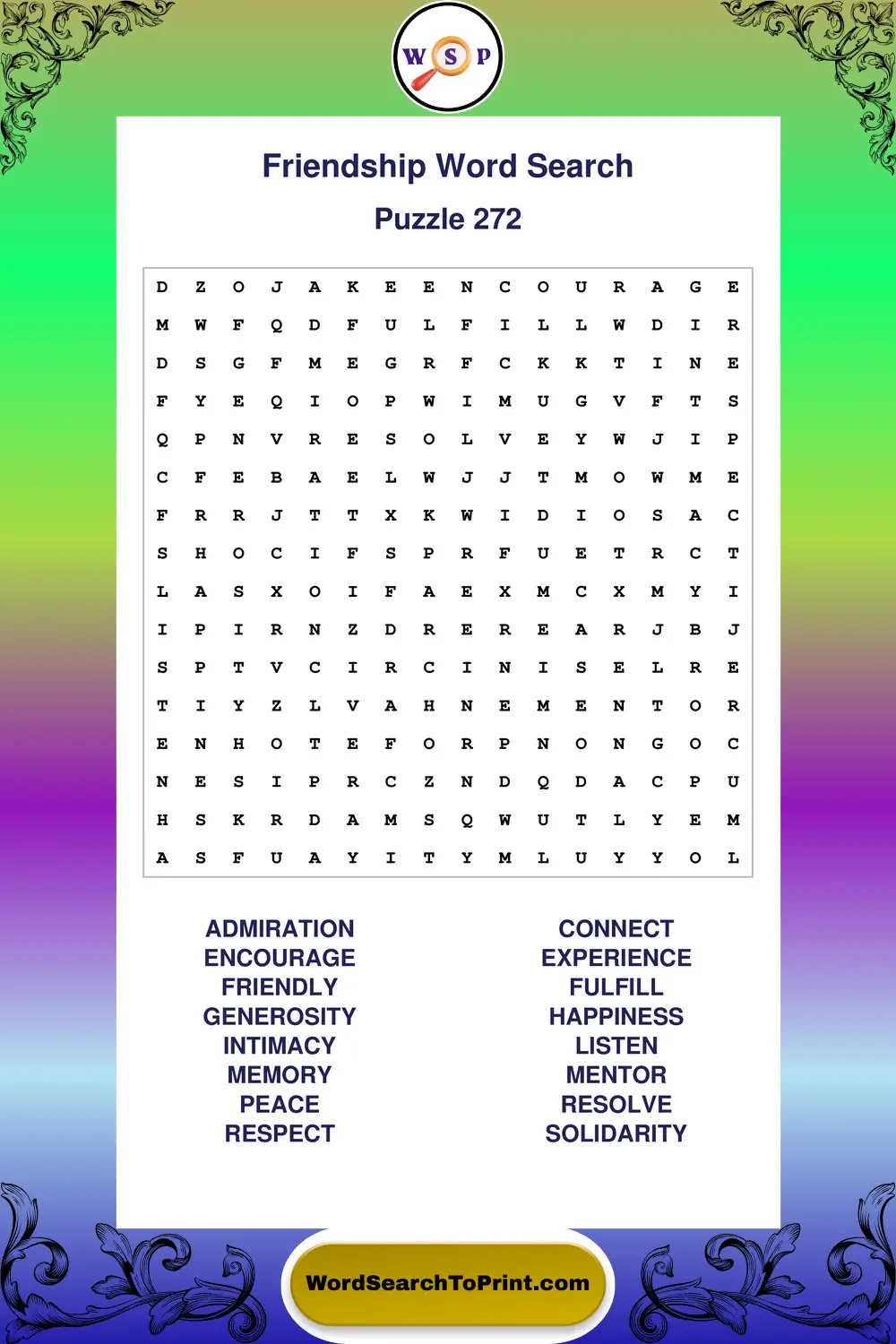 Friendship Word Search Puzzle 272